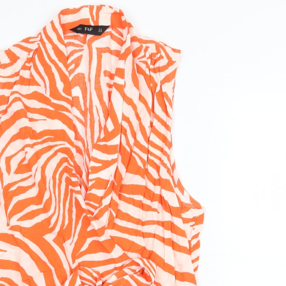 F&F Womens Orange Animal Print Polyester Basic Blouse Size 14 V-Neck - Zebra Pattern