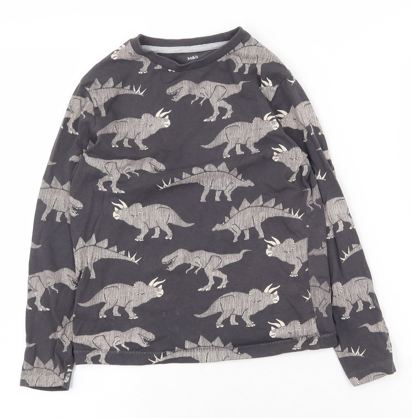 Marks and Spencer Boys Grey Geometric Cotton Basic T-Shirt Size 6-7 Years Round Neck Pullover - Dinosaur