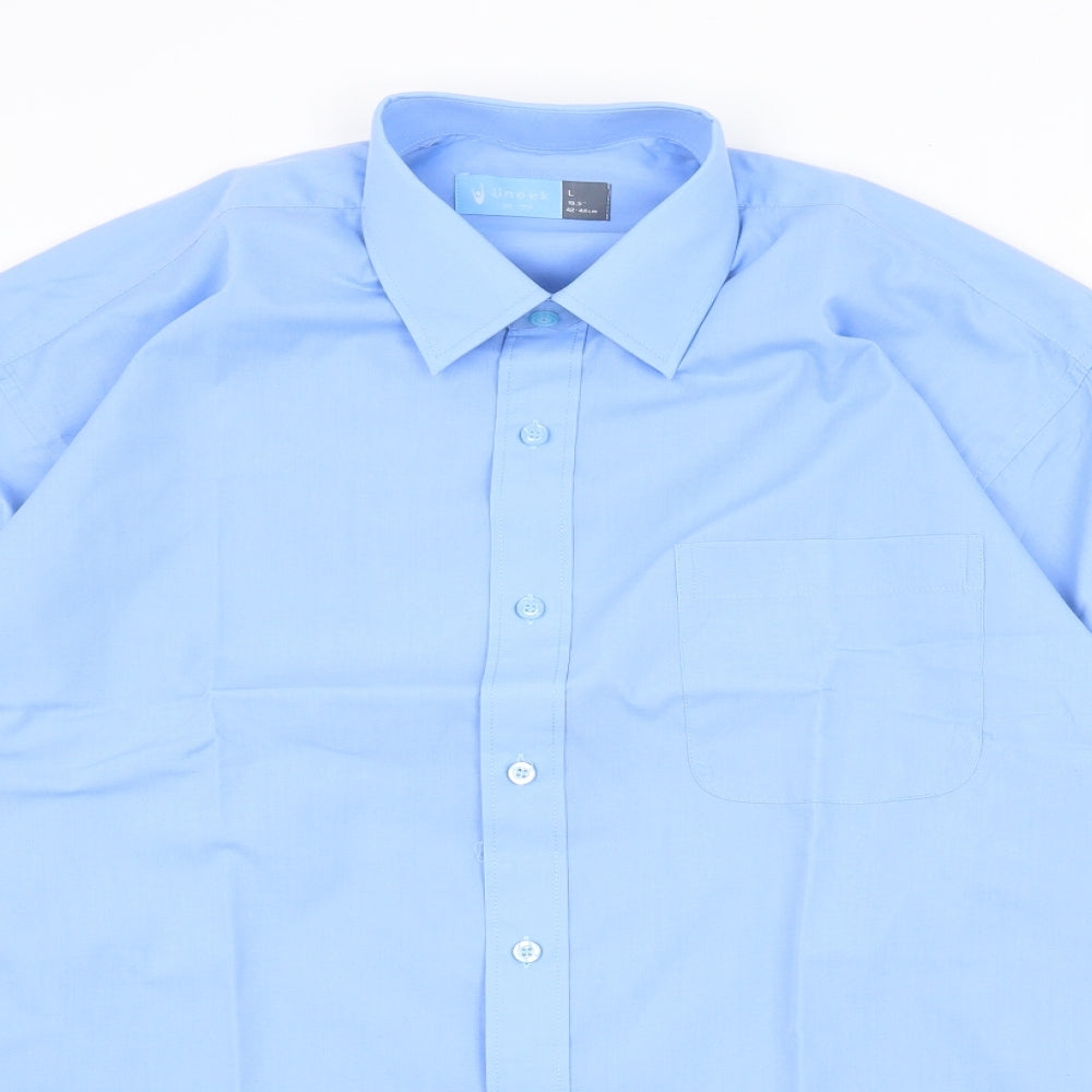 Uneek Mens Blue Cotton Dress Shirt Size L Collared Button