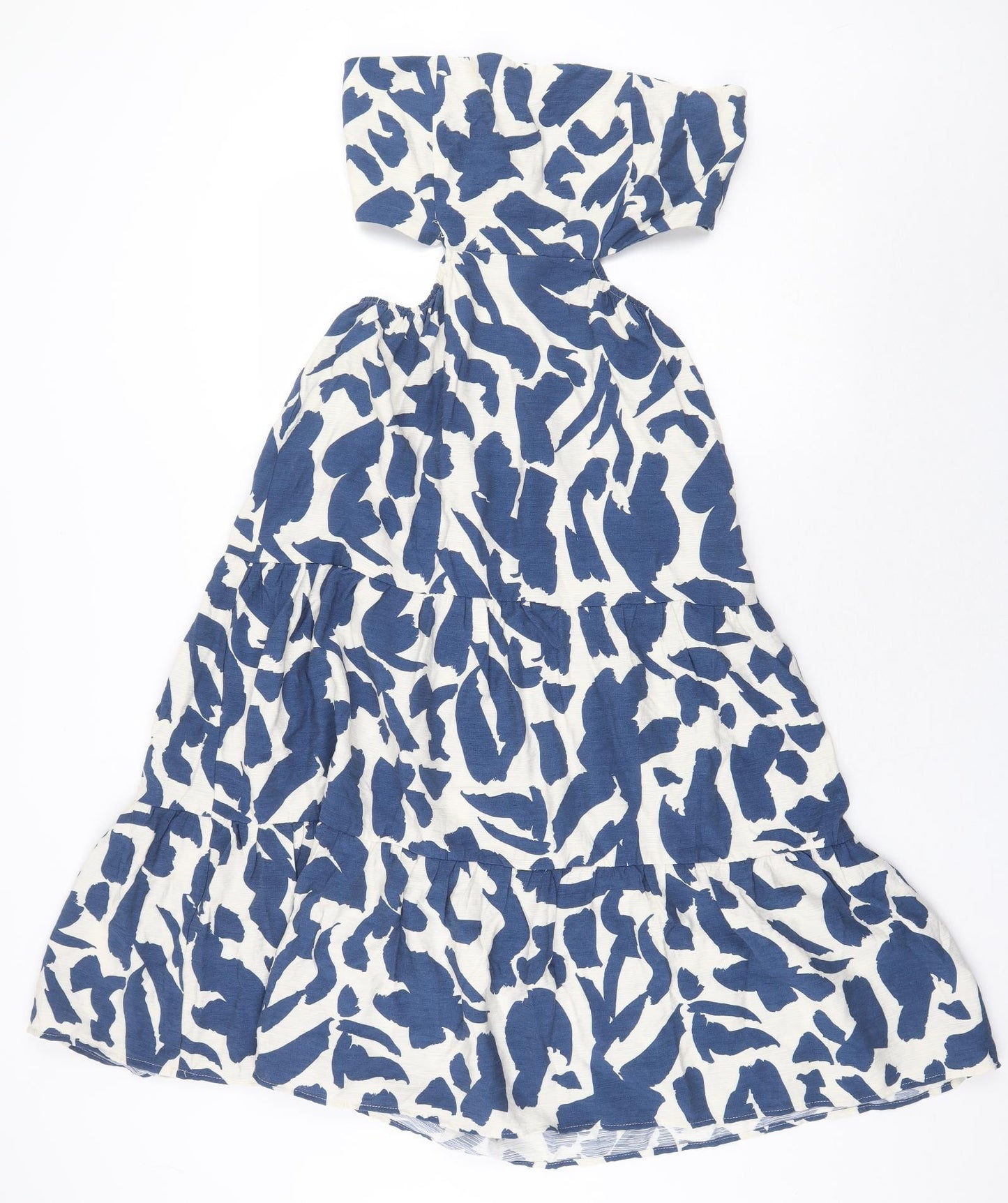 Stradivarius Womens Blue Geometric Viscose Fit & Flare Size L Off the Shoulder Pullover - Cut Out Side Detail