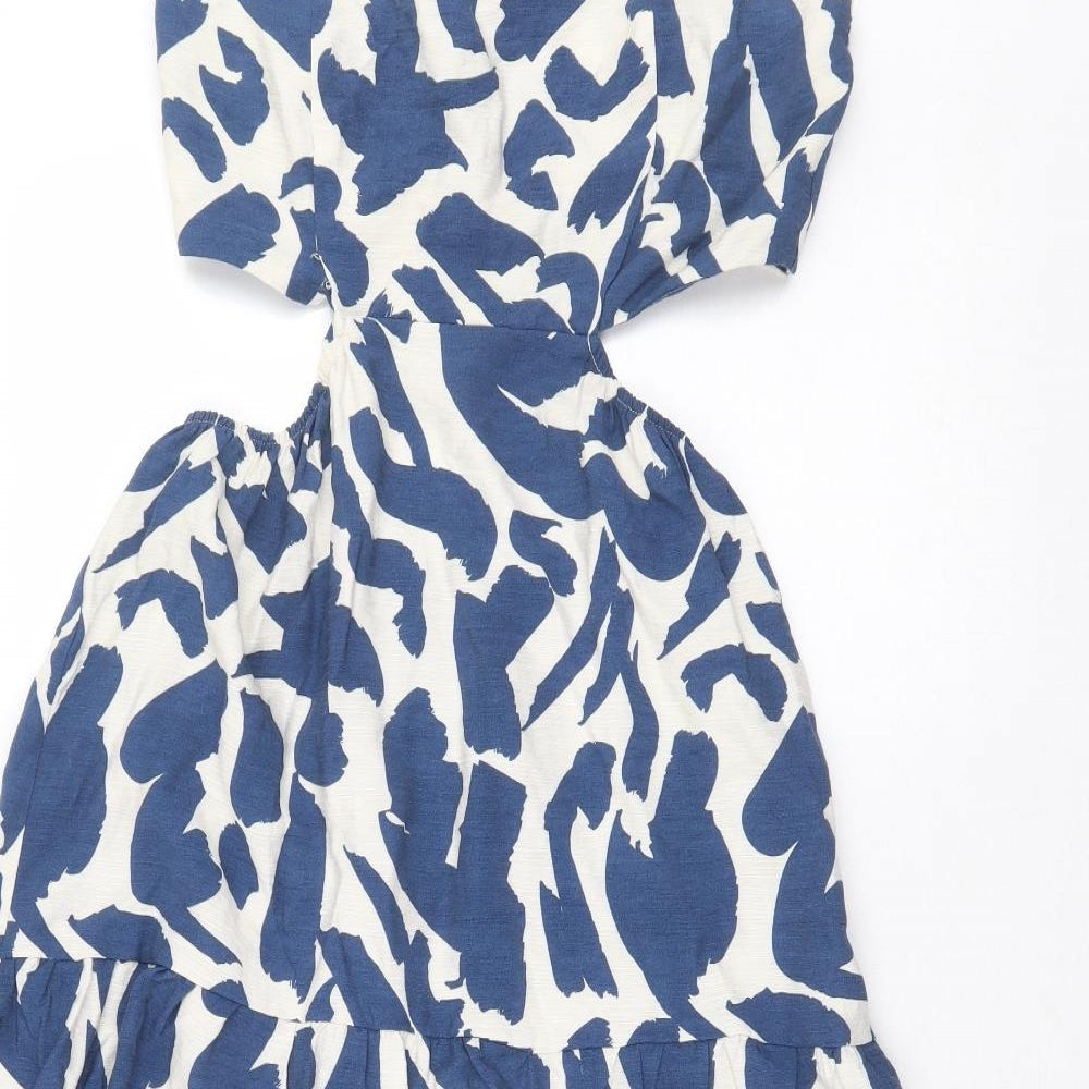 Stradivarius Womens Blue Geometric Viscose Fit & Flare Size L Off the Shoulder Pullover - Cut Out Side Detail