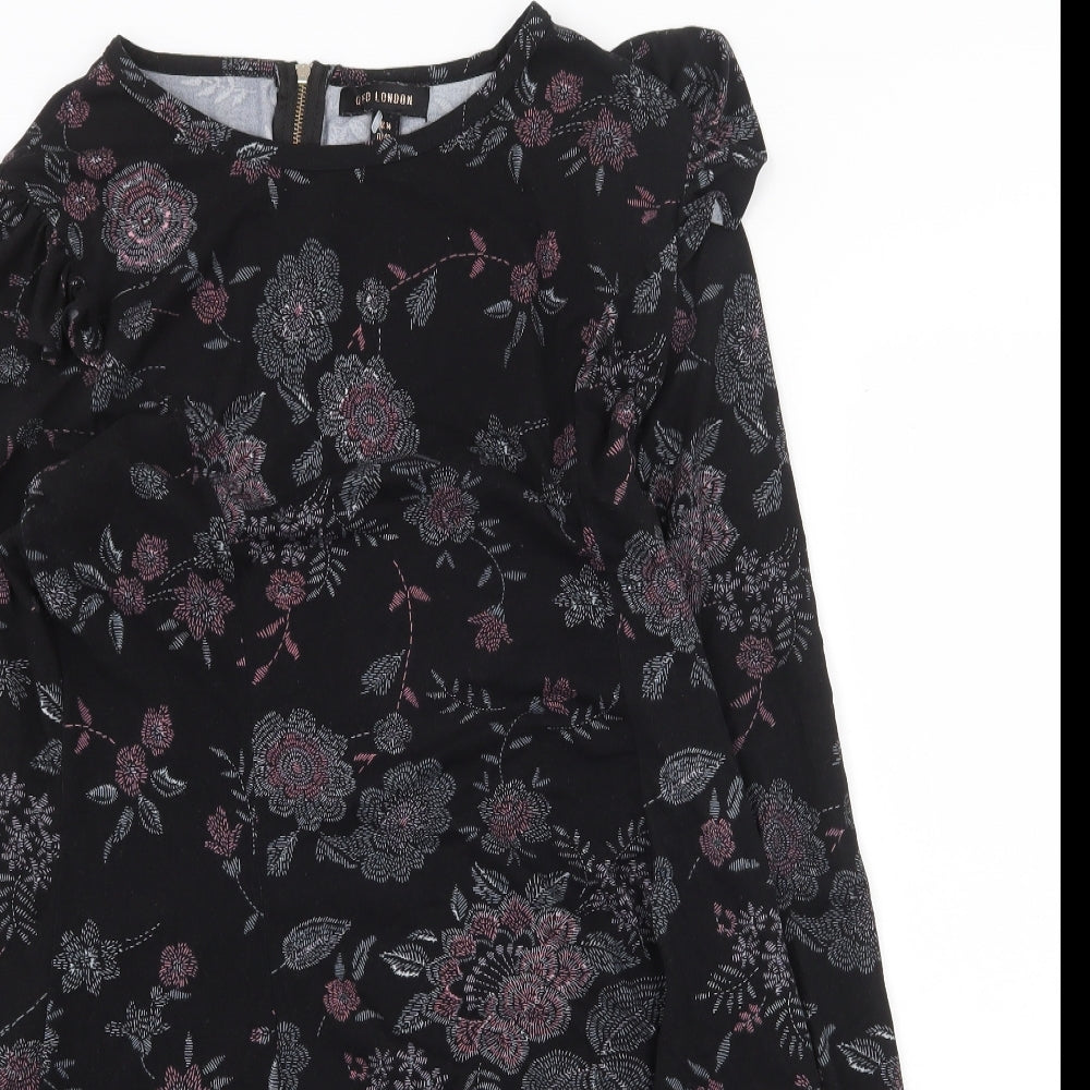 QED London Womens Black Floral Polyester Trapeze & Swing Size 14 Boat Neck Zip