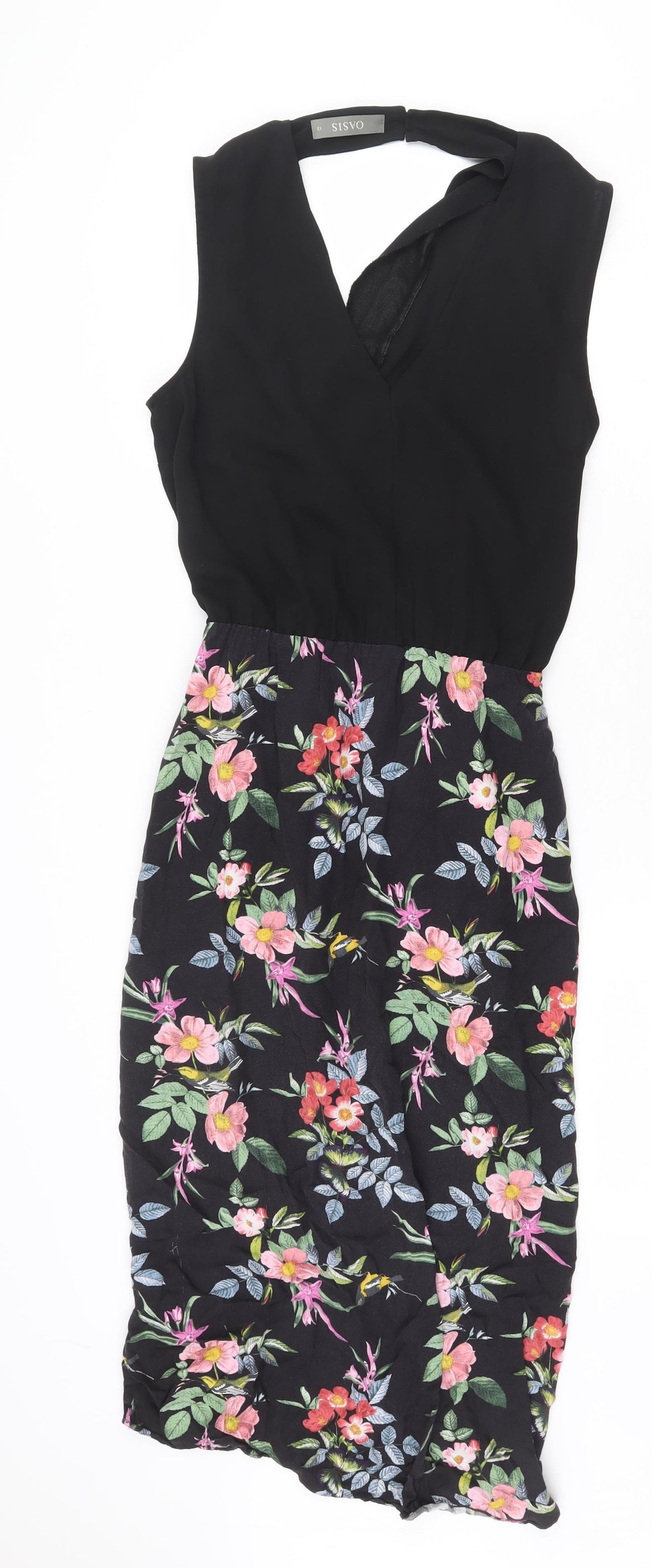 Oasis Womens Black Floral Polyester A-Line Size 12 V-Neck Button