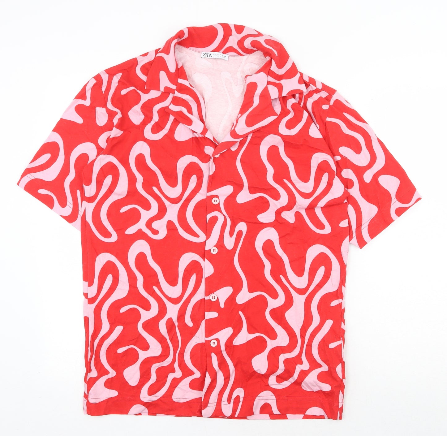 Zara Mens Red Geometric Cotton Button-Up Size S V-Neck Button
