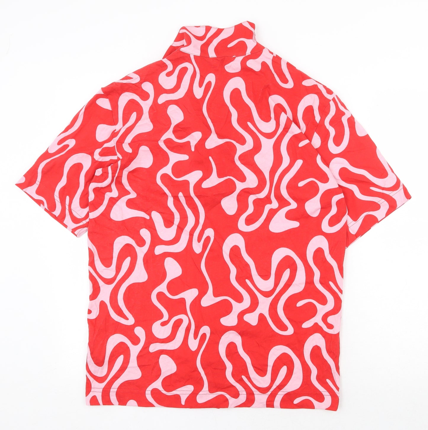 Zara Mens Red Geometric Cotton Button-Up Size S V-Neck Button