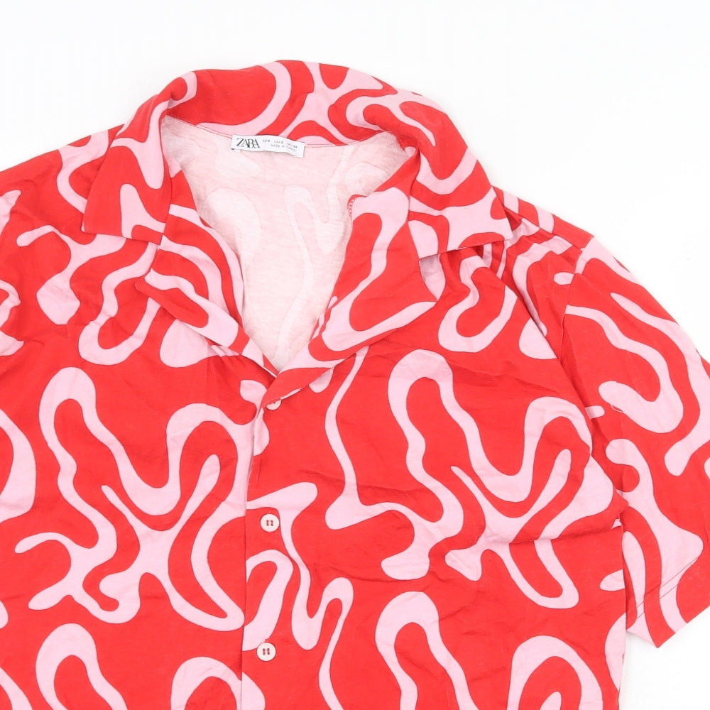 Zara Mens Red Geometric Cotton Button-Up Size S V-Neck Button