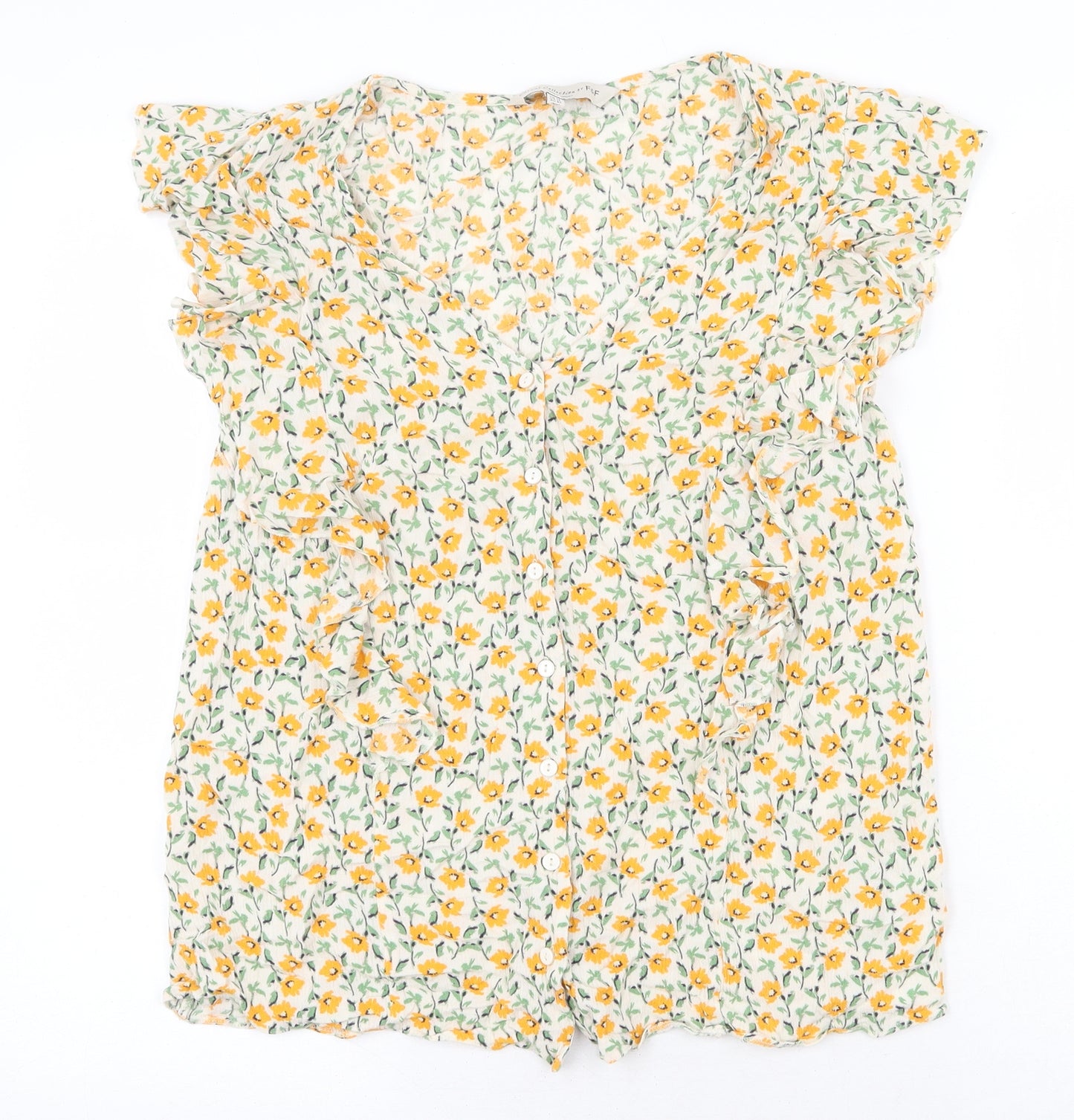 F&F Womens Yellow Floral Viscose Basic Blouse Size 14 V-Neck