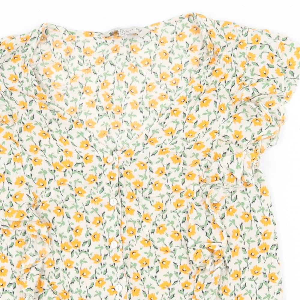 F&F Womens Yellow Floral Viscose Basic Blouse Size 14 V-Neck