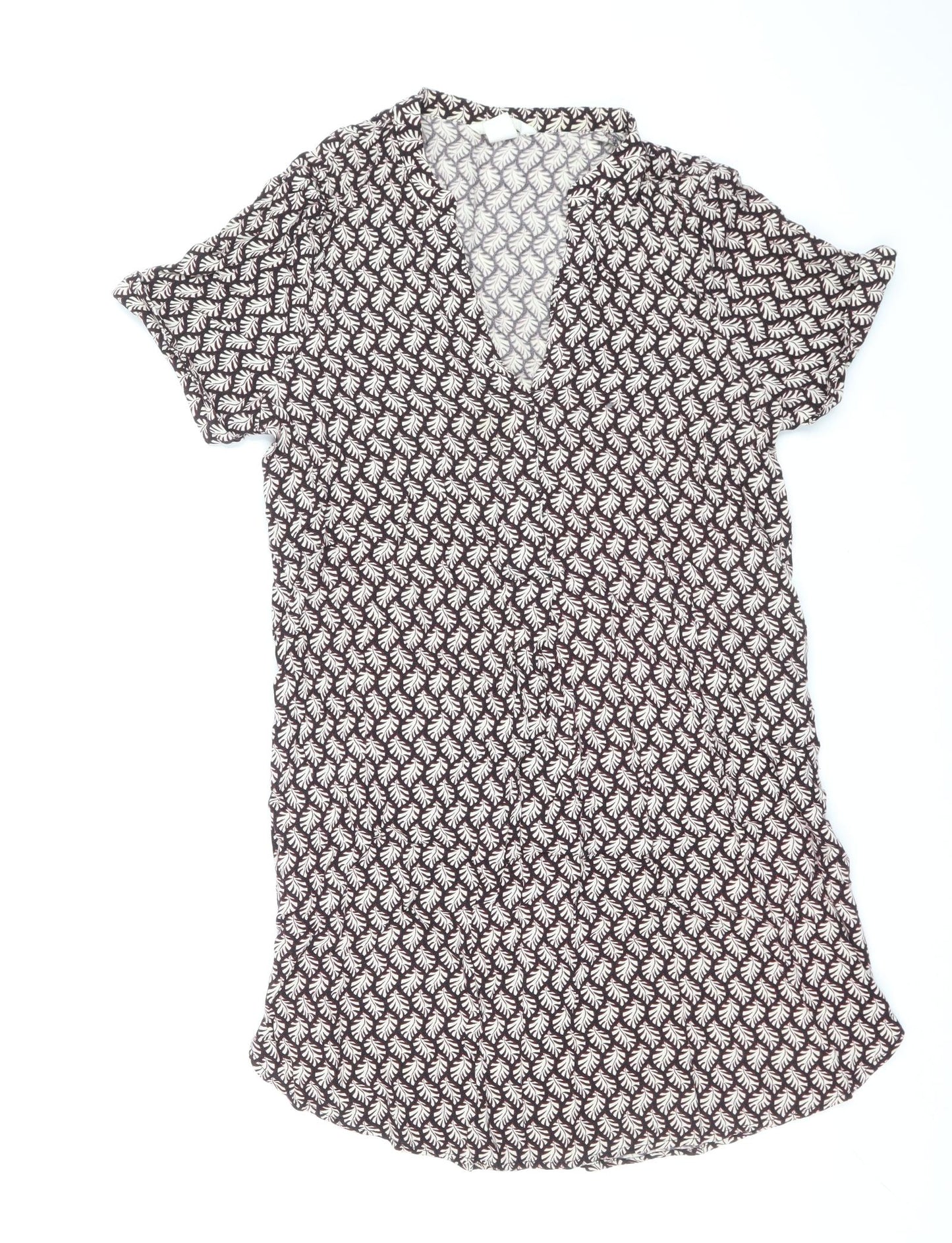 H&M Womens Brown Geometric Viscose Shirt Dress Size 10 V-Neck Pullover