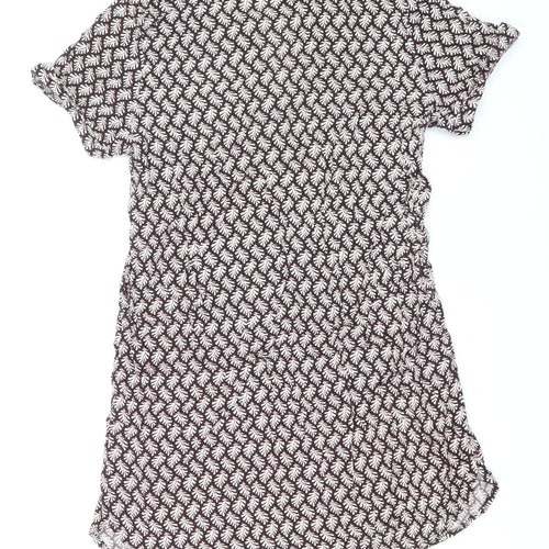 H&M Womens Brown Geometric Viscose Shirt Dress Size 10 V-Neck Pullover