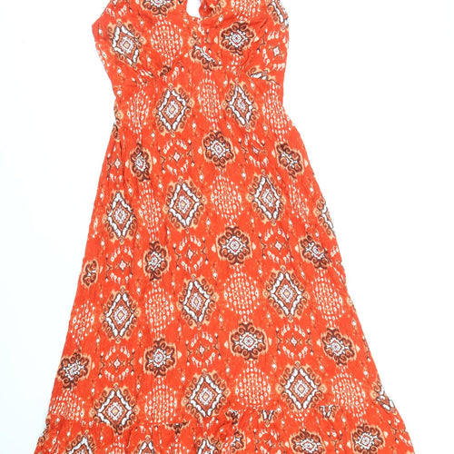 Marks and Spencer Womens Red Geometric Viscose Fit & Flare Size 10 V-Neck Tie