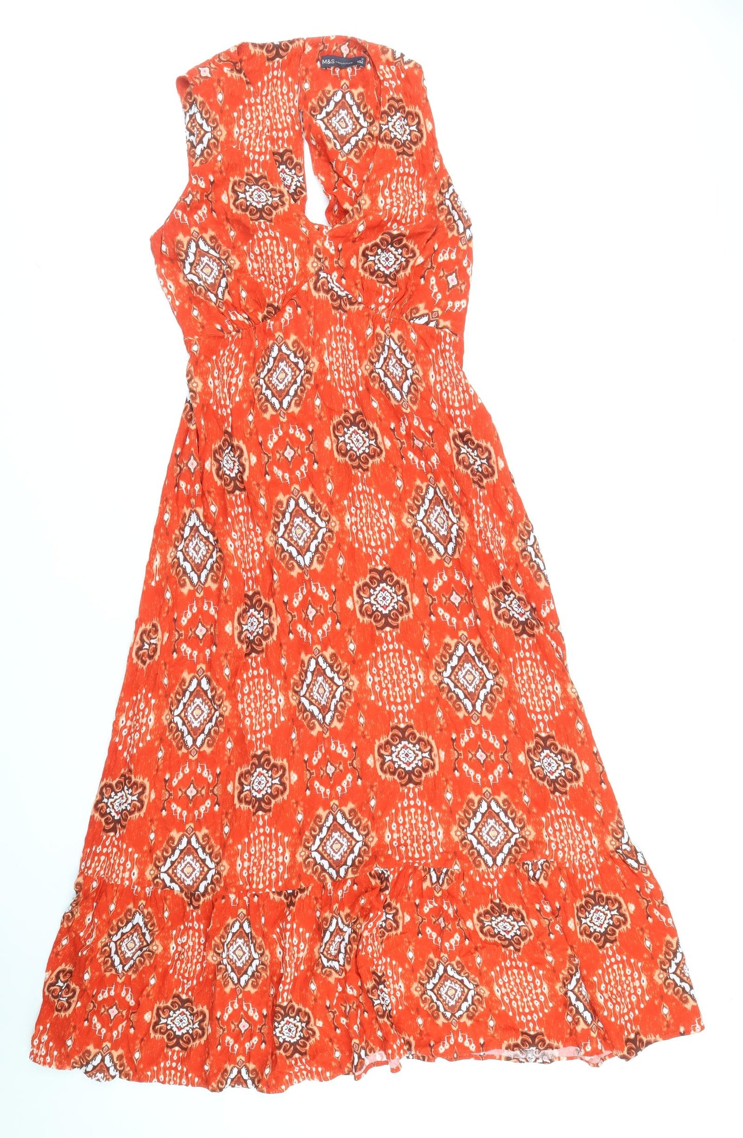 Marks and Spencer Womens Red Geometric Viscose Fit & Flare Size 10 V-Neck Tie