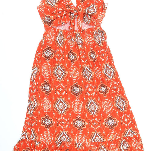 Marks and Spencer Womens Red Geometric Viscose Fit & Flare Size 10 V-Neck Tie
