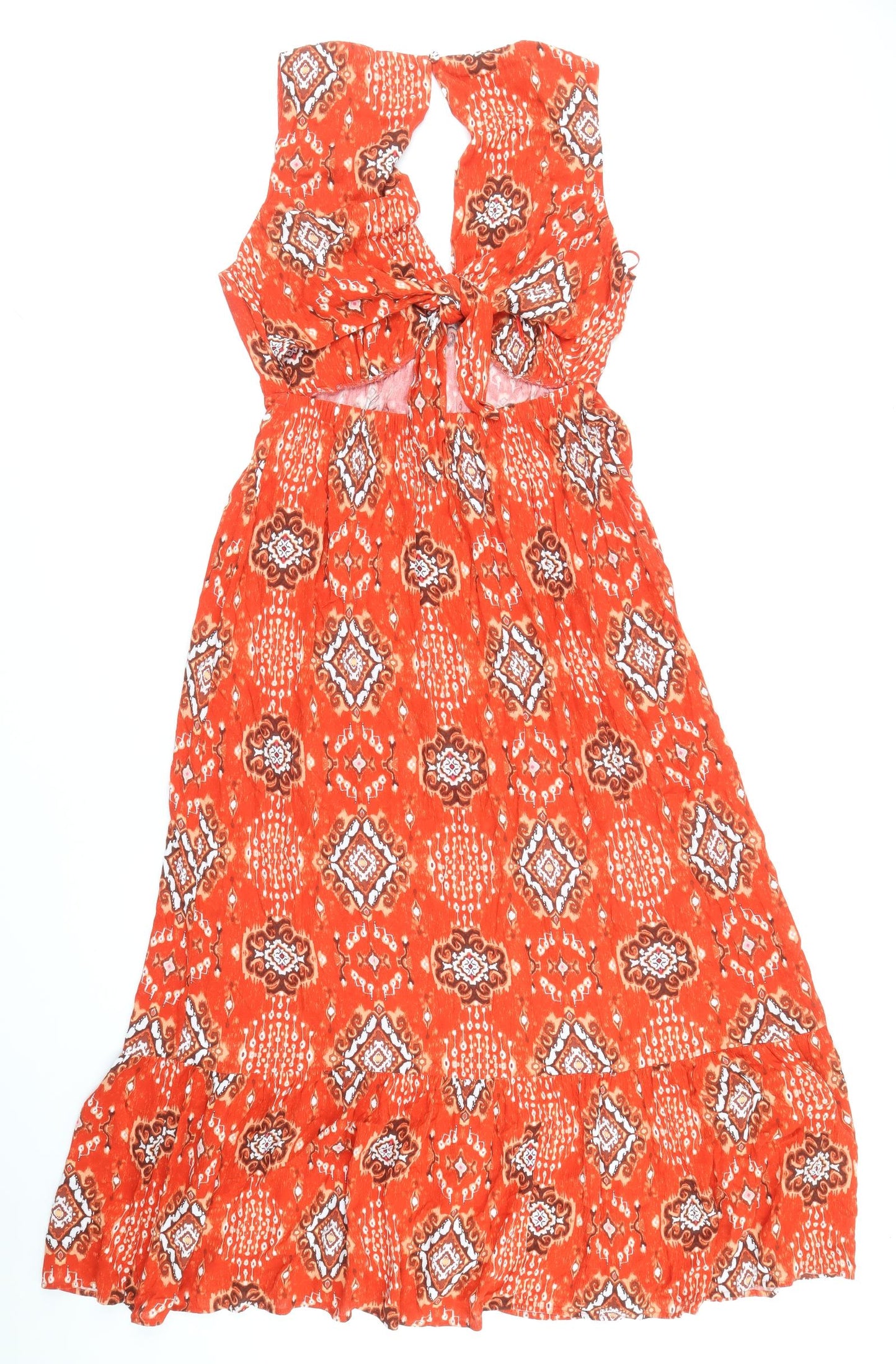 Marks and Spencer Womens Red Geometric Viscose Fit & Flare Size 10 V-Neck Tie