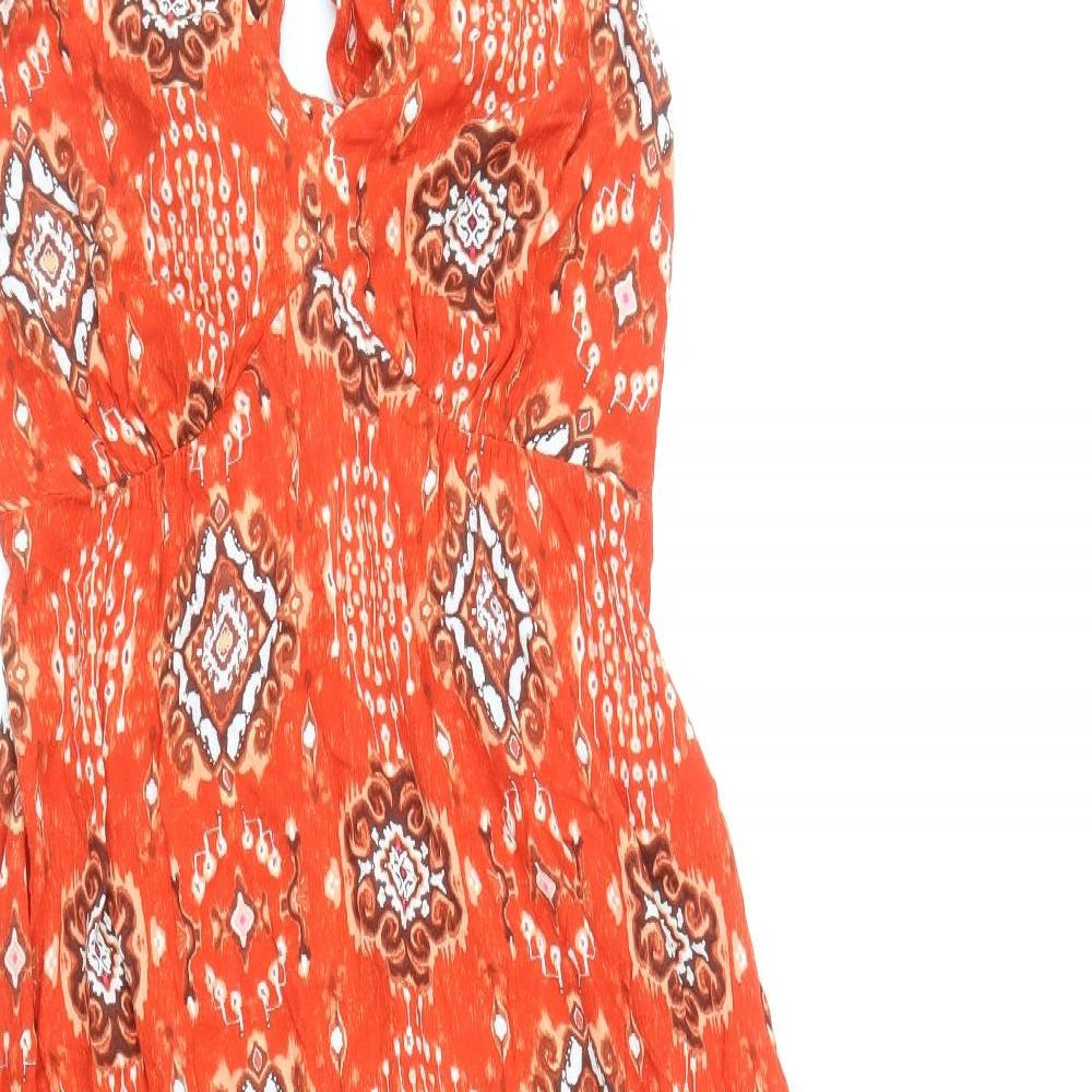 Marks and Spencer Womens Red Geometric Viscose Fit & Flare Size 10 V-Neck Tie