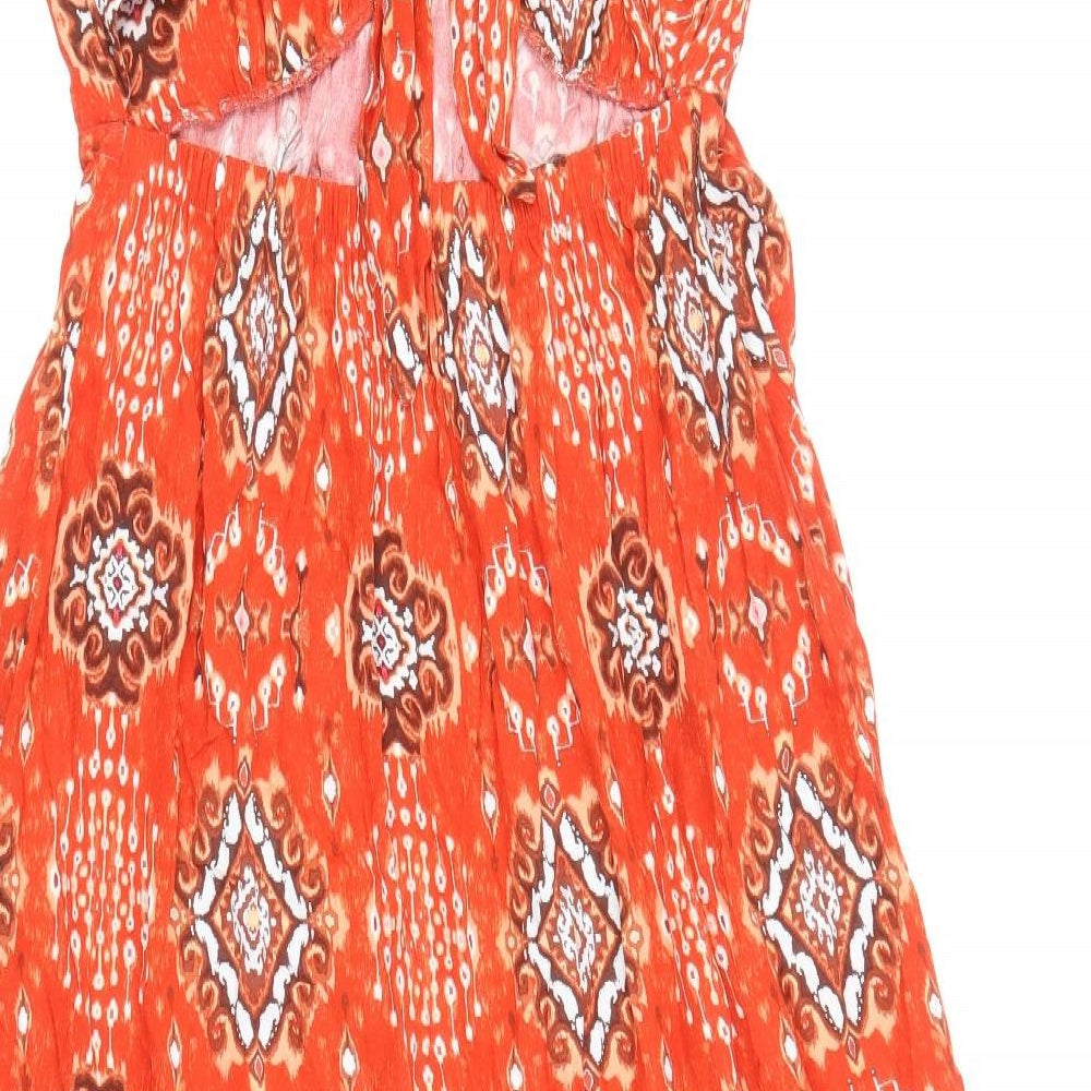 Marks and Spencer Womens Red Geometric Viscose Fit & Flare Size 10 V-Neck Tie