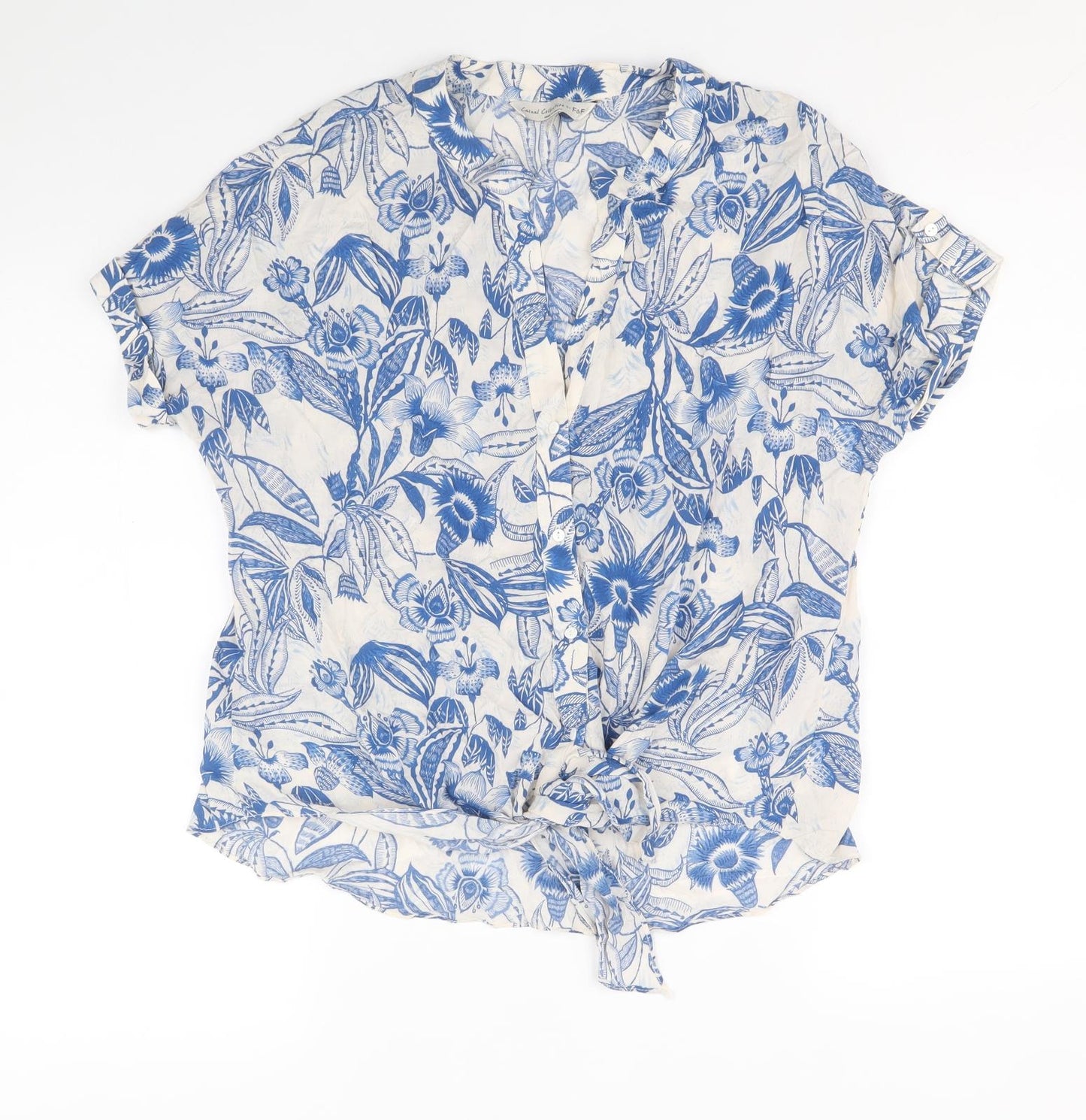 F&F Womens Blue Floral Viscose Basic Blouse Size 14 V-Neck - Tie Front