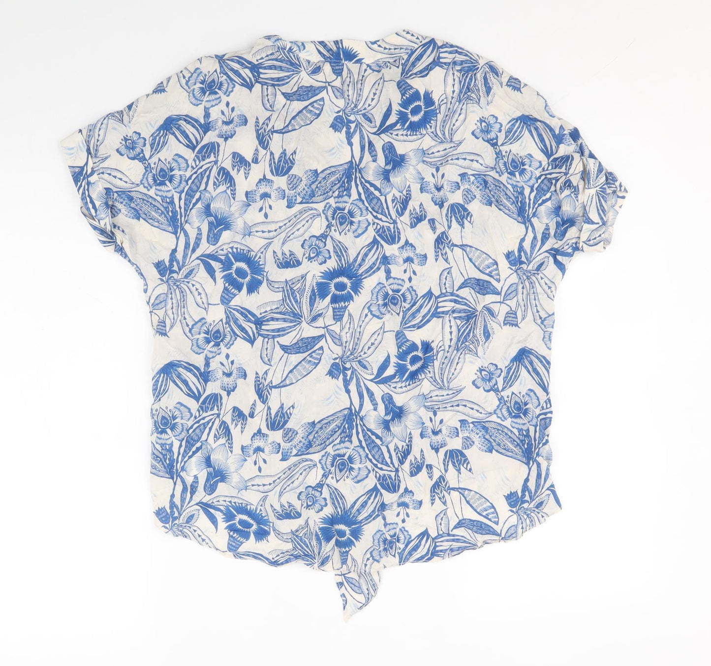 F&F Womens Blue Floral Viscose Basic Blouse Size 14 V-Neck - Tie Front