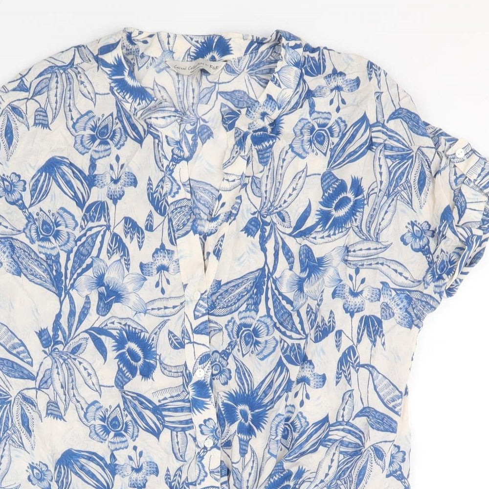 F&F Womens Blue Floral Viscose Basic Blouse Size 14 V-Neck - Tie Front