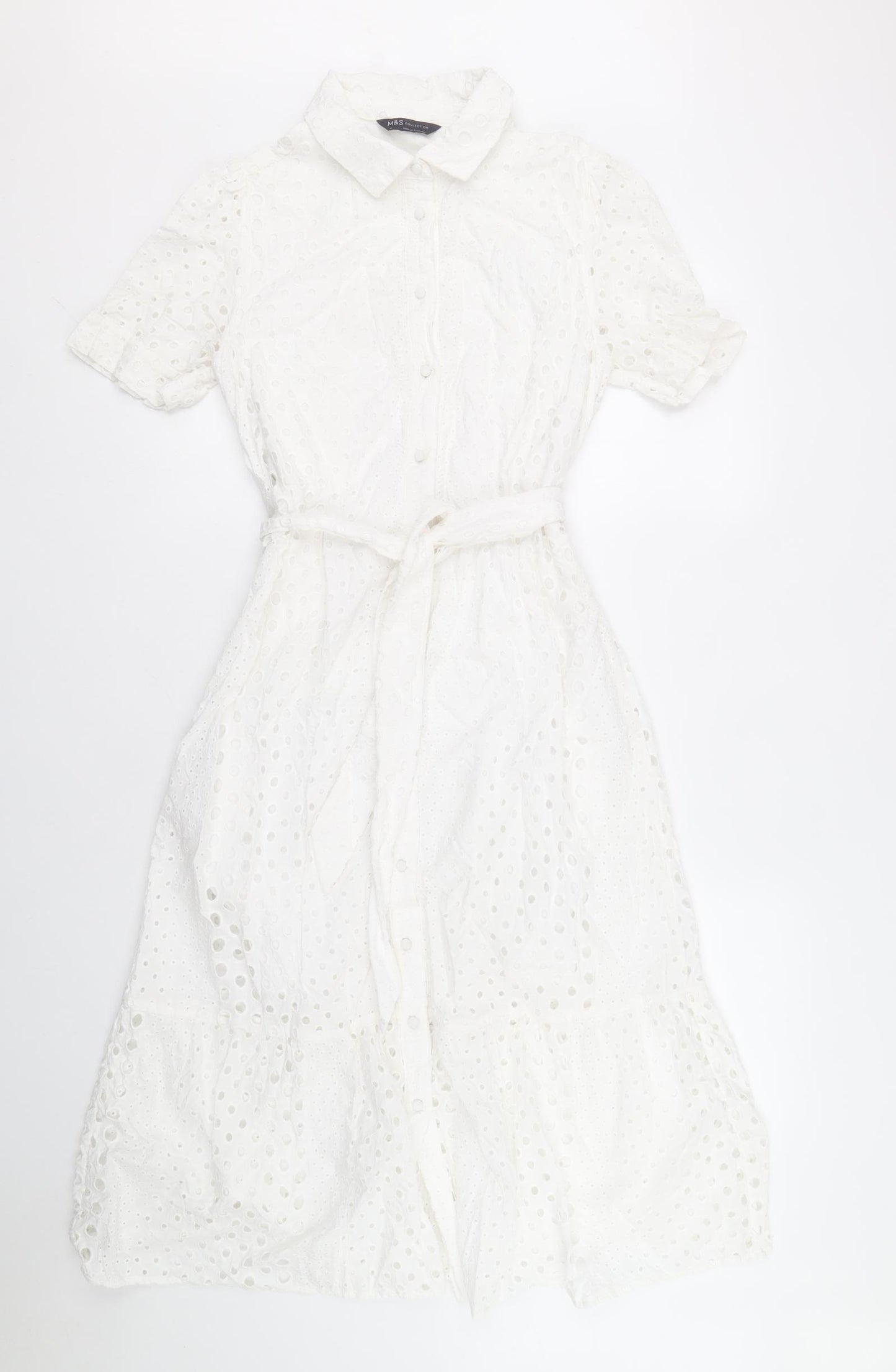 Marks and Spencer Womens White Geometric 100% Cotton Shirt Dress Size 10 Collared Button