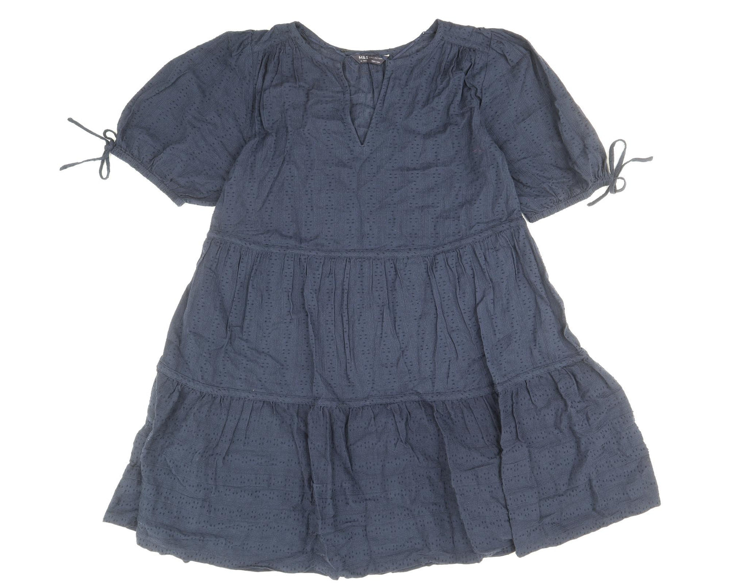 Marks and Spencer Womens Blue 100% Cotton Fit & Flare Size 14 V-Neck Pullover