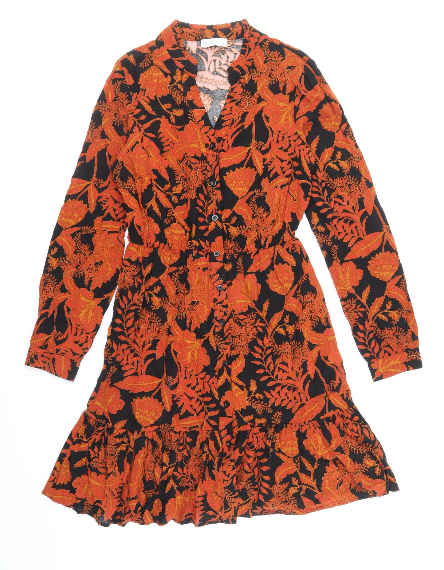 Papaya Womens Orange Floral Viscose Fit & Flare Size 8 V-Neck Button