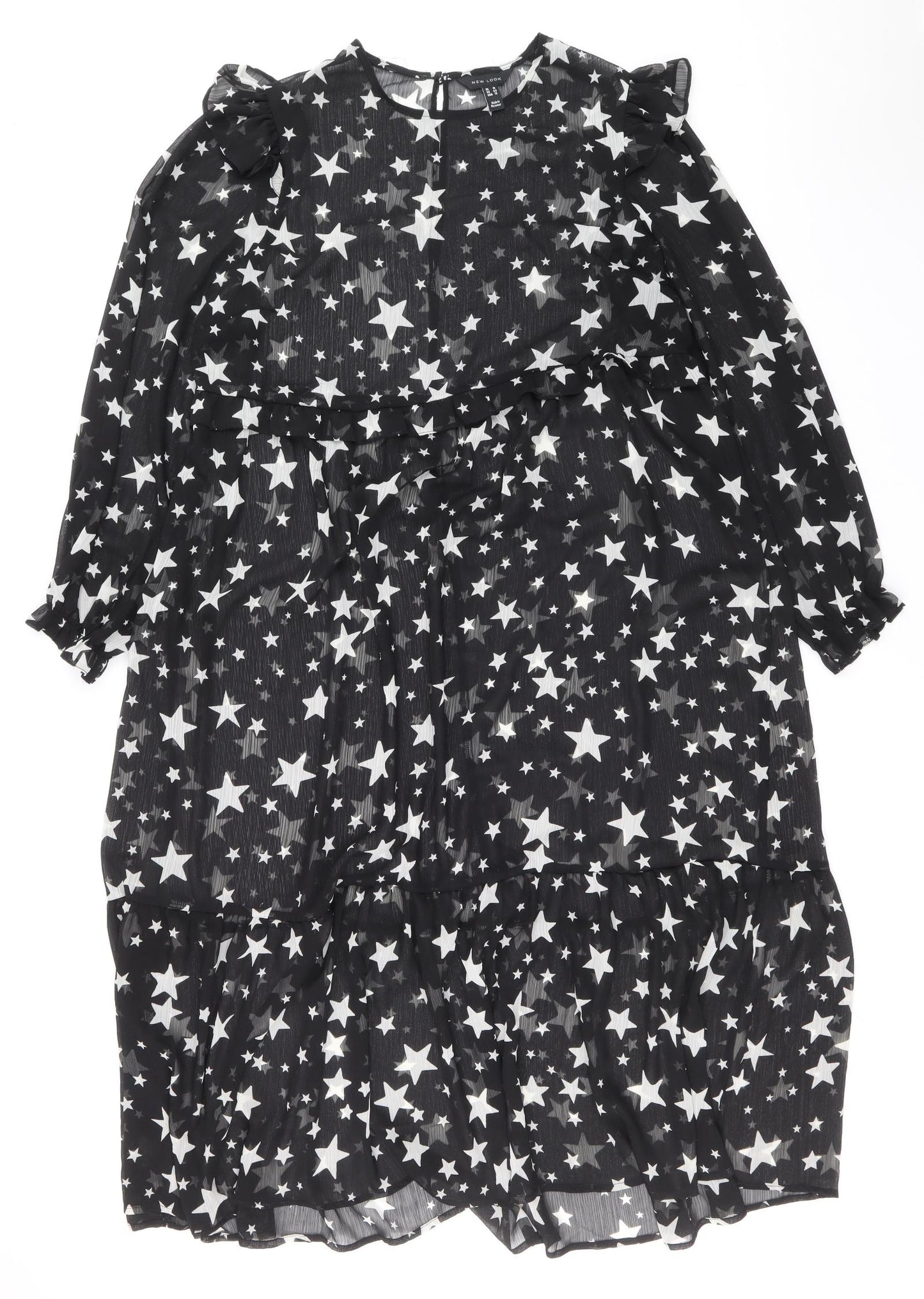 New Look Womens Black Geometric Polyester A-Line Size 16 Round Neck Button - Star Pattern