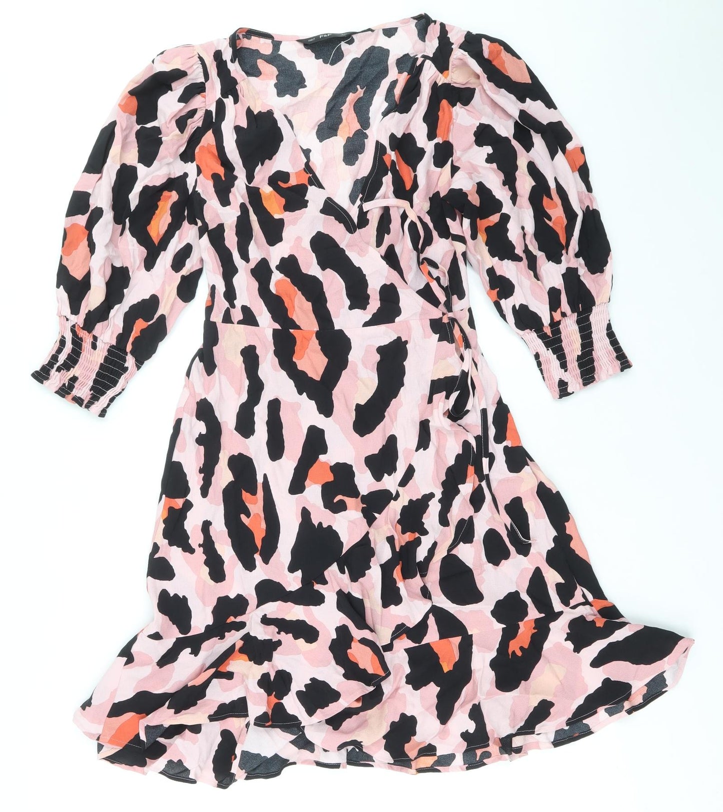 F&F Womens Pink Animal Print Viscose Wrap Dress Size 8 V-Neck Tie - Leopard Print