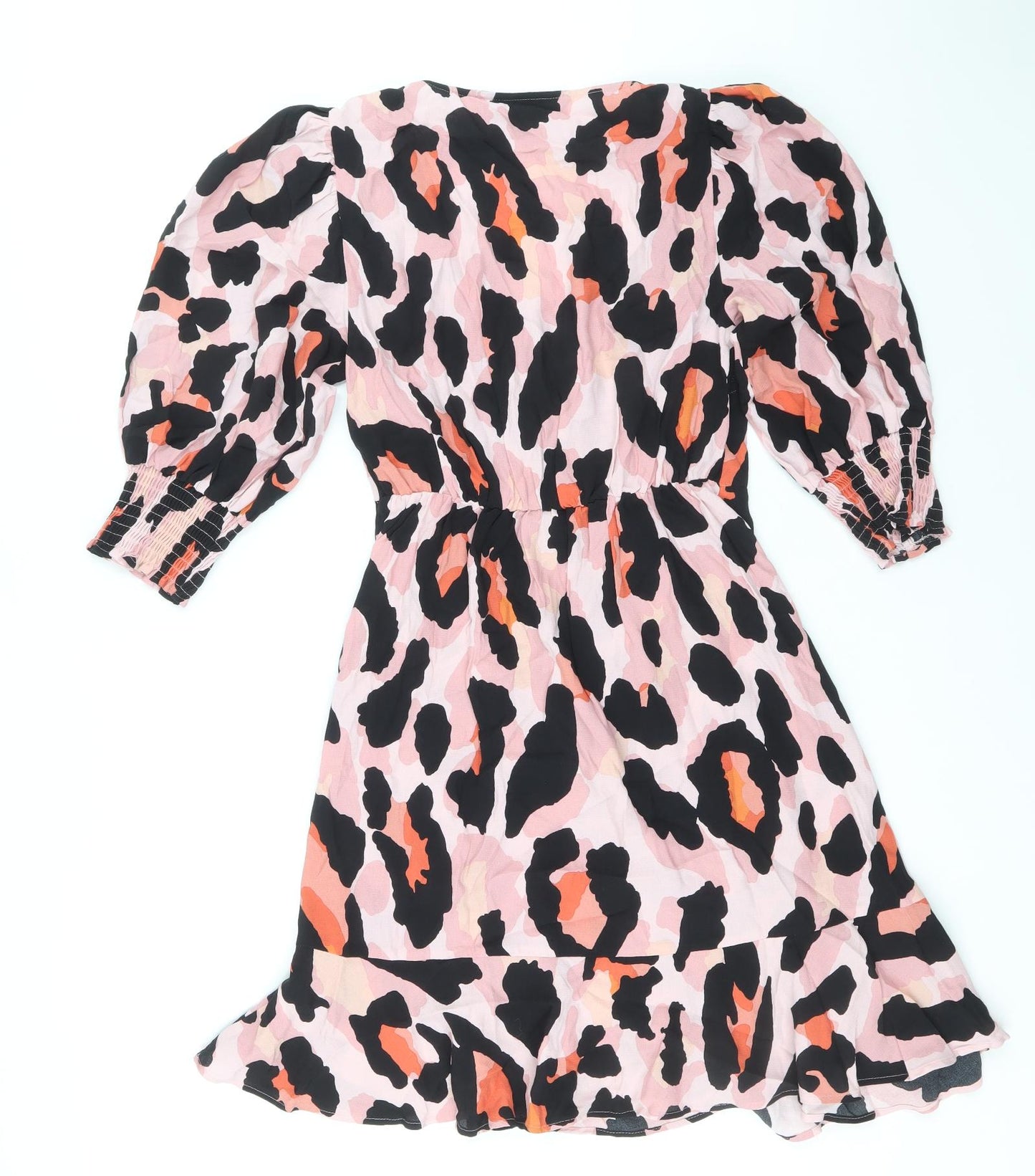 F&F Womens Pink Animal Print Viscose Wrap Dress Size 8 V-Neck Tie - Leopard Print