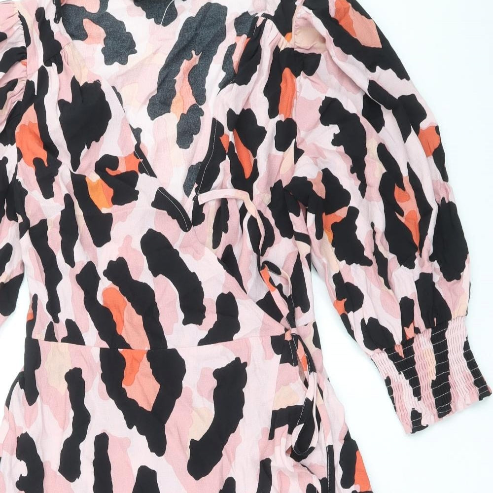 F&F Womens Pink Animal Print Viscose Wrap Dress Size 8 V-Neck Tie - Leopard Print