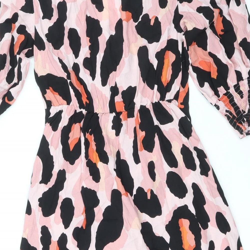 F&F Womens Pink Animal Print Viscose Wrap Dress Size 8 V-Neck Tie - Leopard Print
