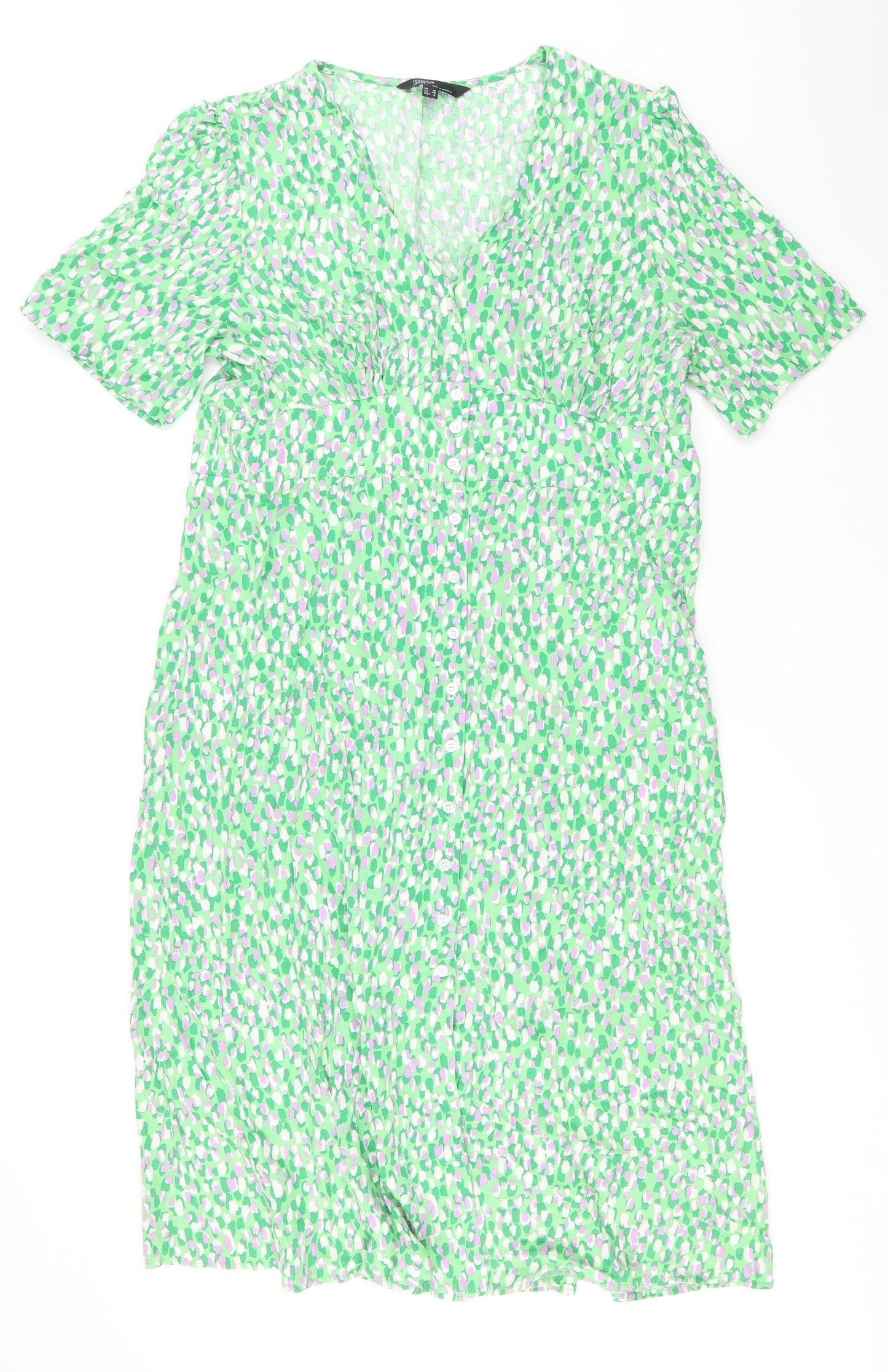 Nobody's Child Womens Green Geometric Viscose Shirt Dress Size 18 V-Neck Button