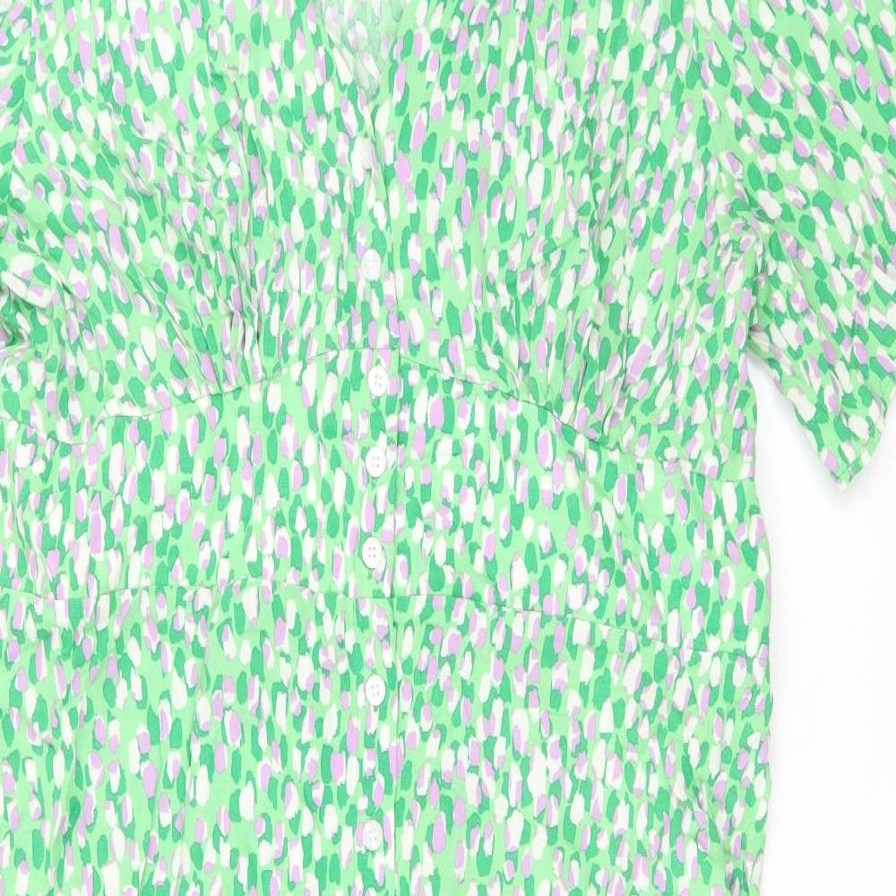 Nobody's Child Womens Green Geometric Viscose Shirt Dress Size 18 V-Neck Button