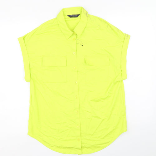 Marks and Spencer Womens Green Viscose Basic Button-Up Size 8 V-Neck