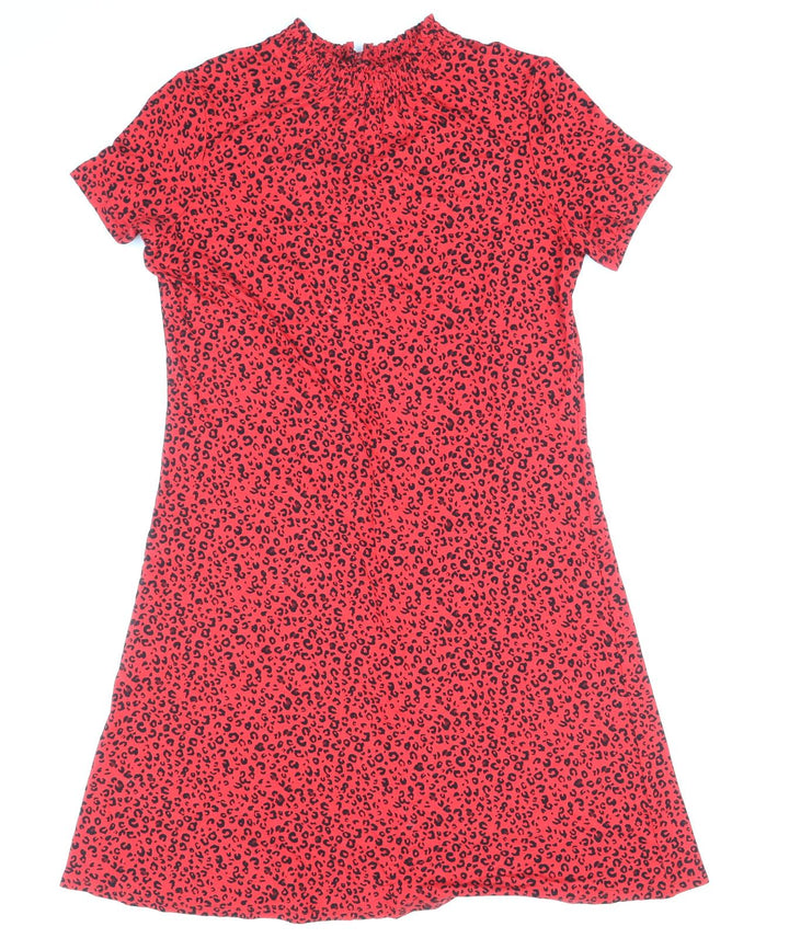 Marks and Spencer Womens Red Animal Print Viscose Shift Size 10 Round Neck Button - Leopard Print