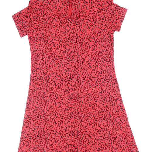 Marks and Spencer Womens Red Animal Print Viscose Shift Size 10 Round Neck Button - Leopard Print