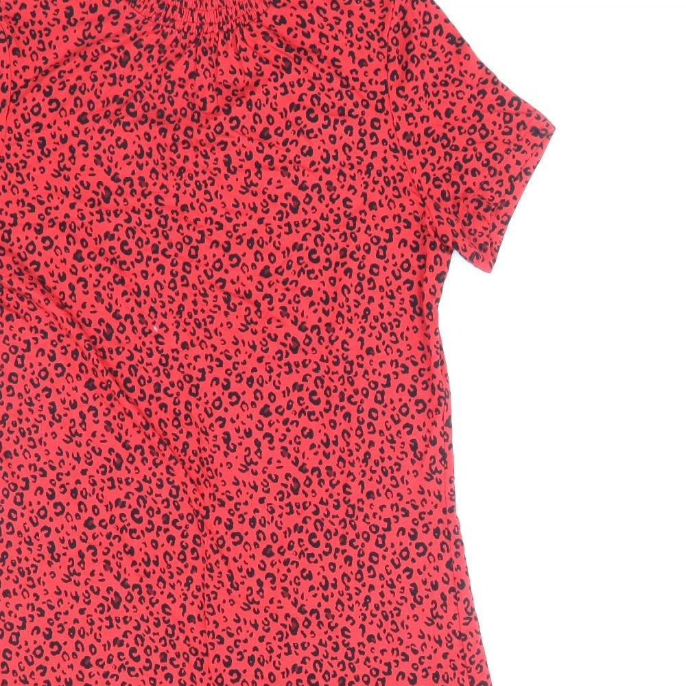 Marks and Spencer Womens Red Animal Print Viscose Shift Size 10 Round Neck Button - Leopard Print