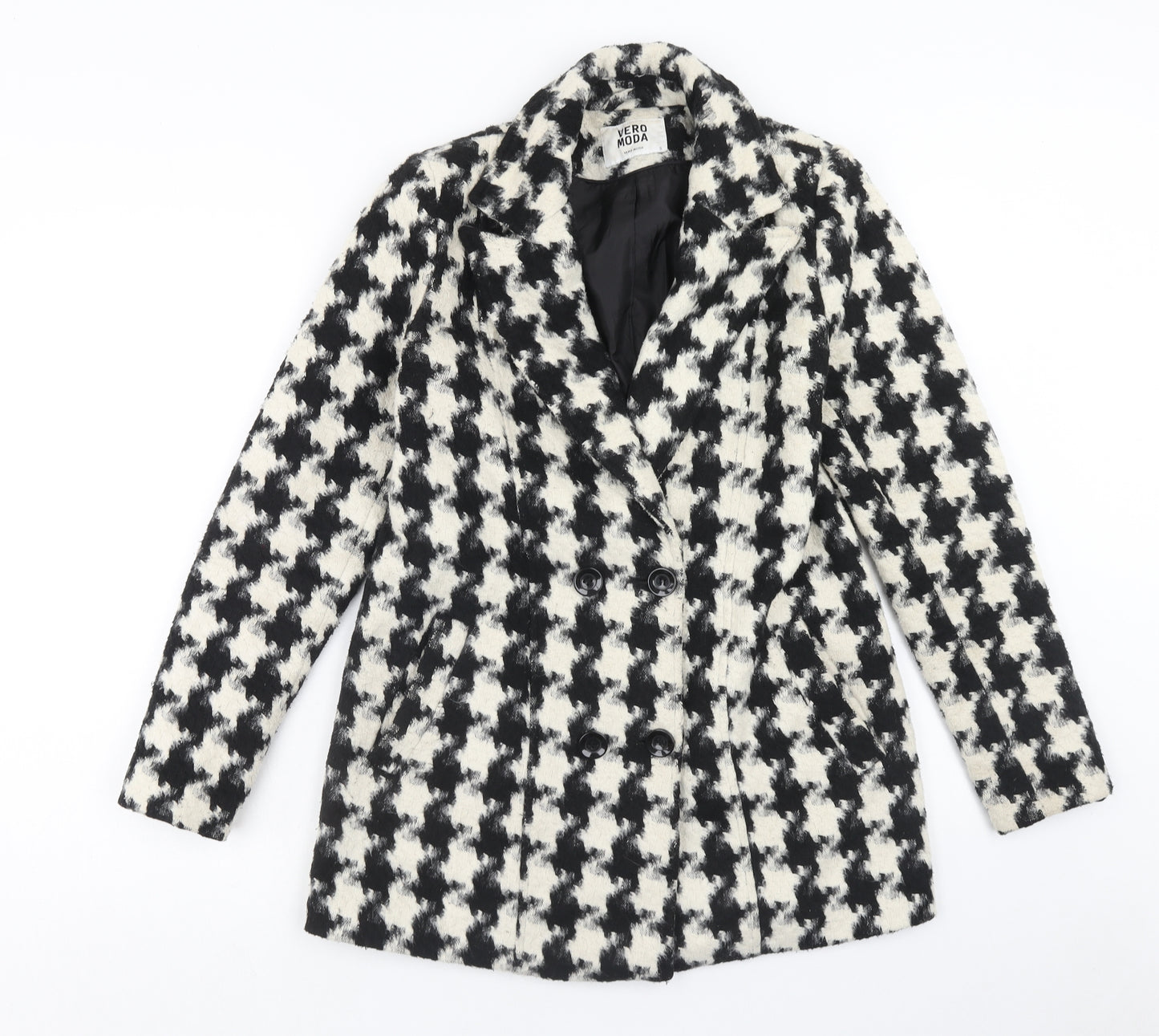 VERO MODA Womens Black Geometric Overcoat Jacket Size S Button