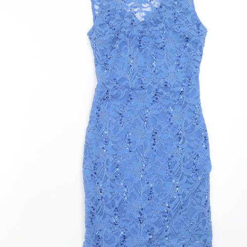 New Look Womens Blue Geometric Nylon A-Line Size 10 Round Neck Pullover