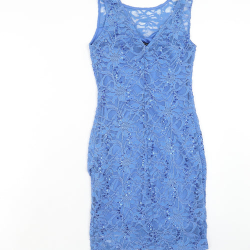 New Look Womens Blue Geometric Nylon A-Line Size 10 Round Neck Pullover