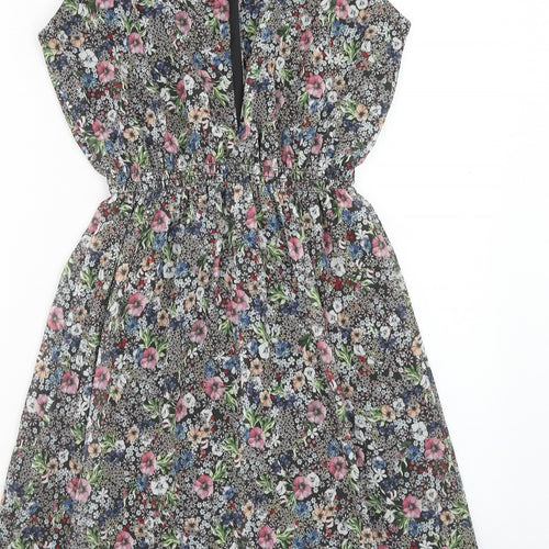 H&M Womens Multicoloured Floral Polyester Fit & Flare Size 10 Round Neck Button