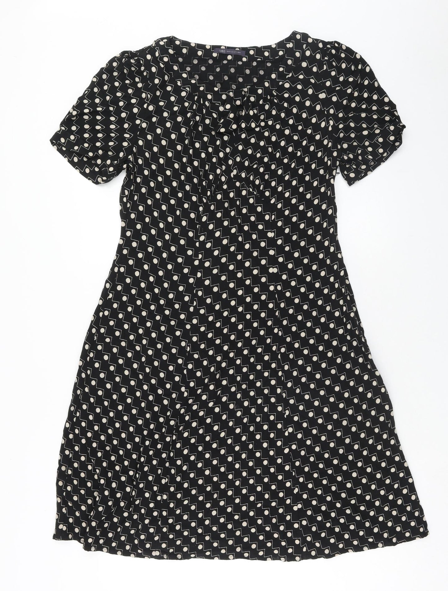 Marks and Spencer Womens Black Geometric Viscose Fit & Flare Size 14 Round Neck Zip