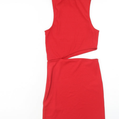 Pull&Bear Womens Red Polyester Bodycon Size S High Neck Pullover - Ribbed Cut Out Detail