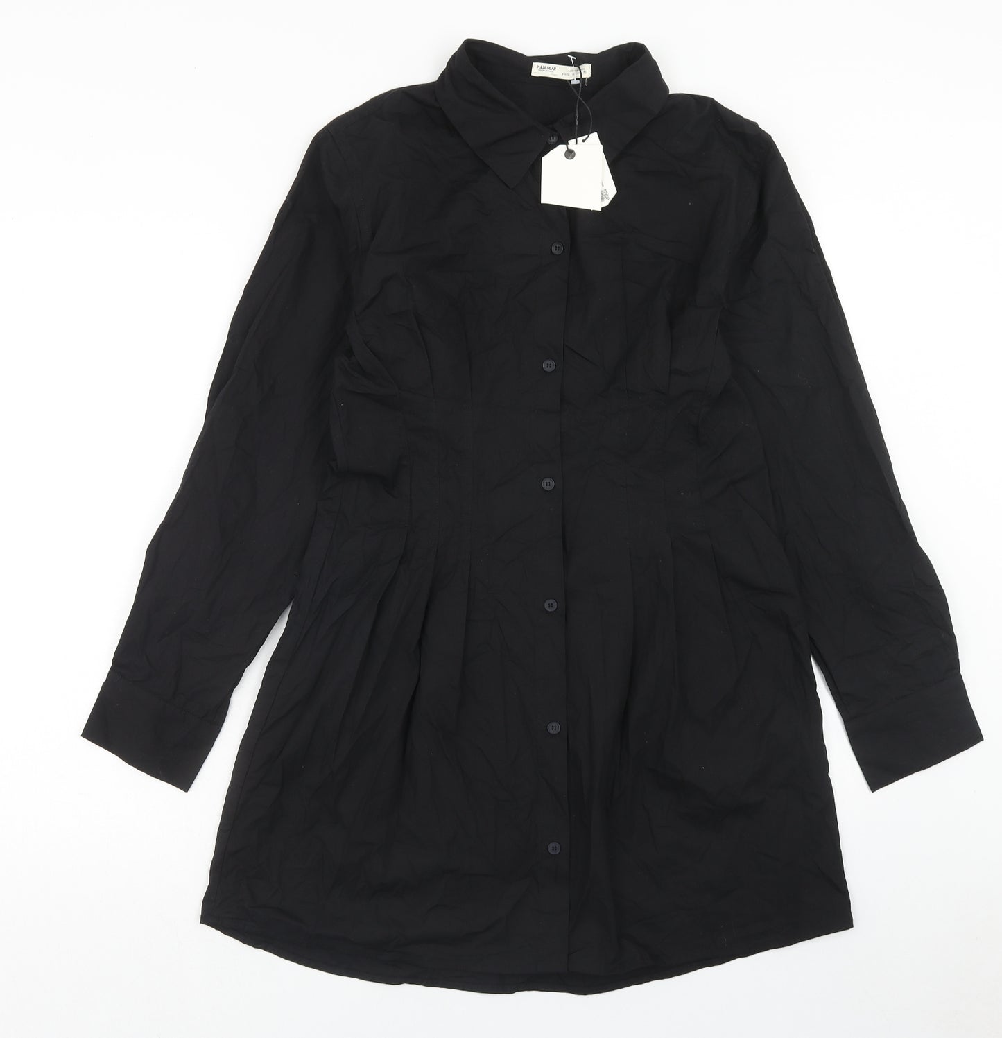 Pull&Bear Womens Black Cotton Shirt Dress Size L Collared Button