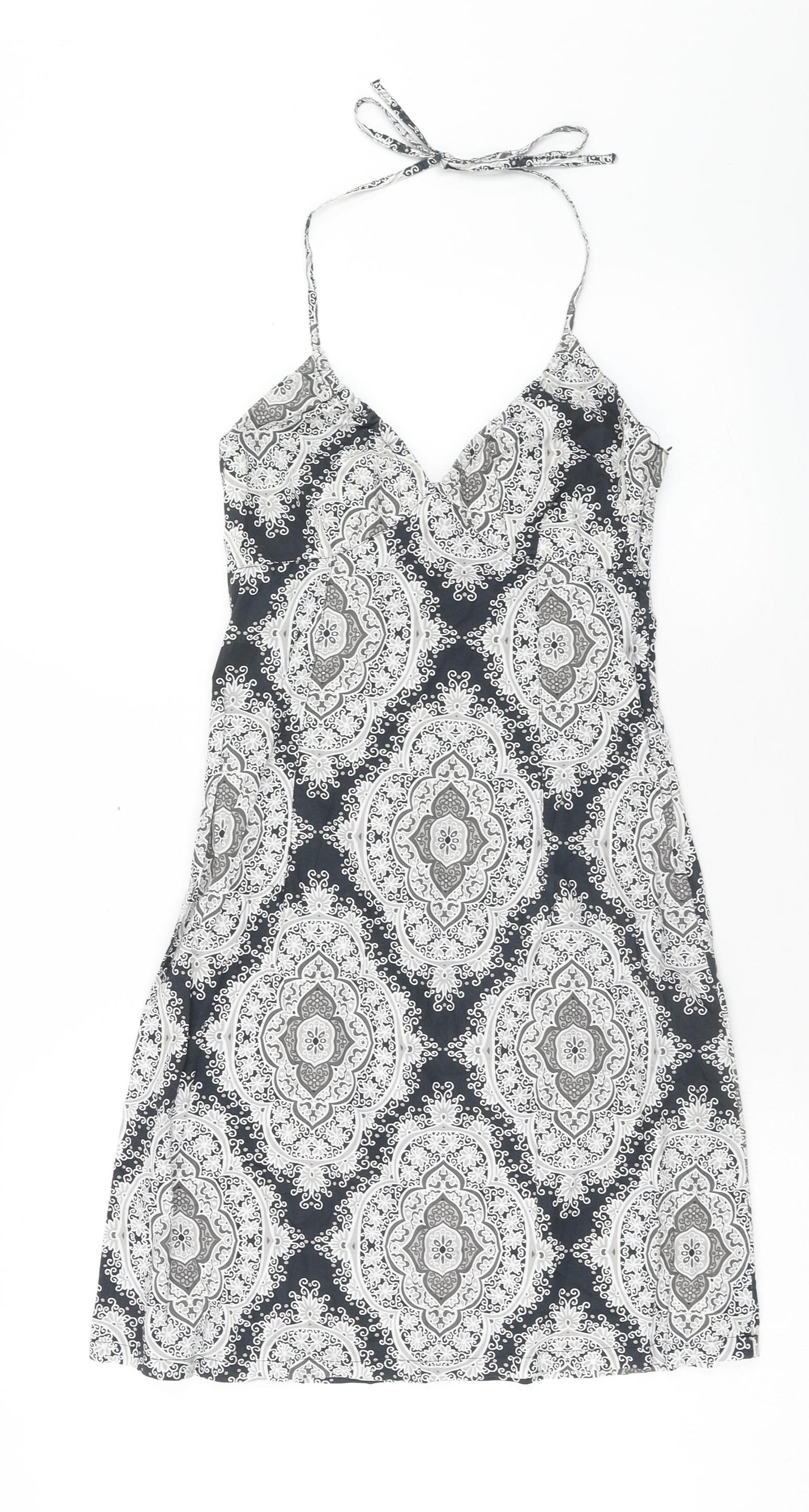 H&M Womens Blue Geometric Cotton A-Line Size 8 Halter Zip
