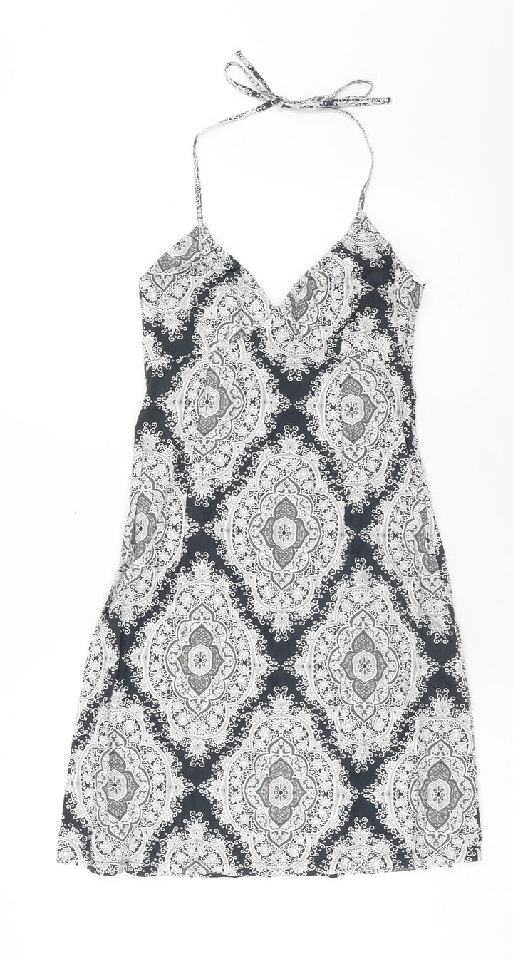 H&M Womens Blue Geometric Cotton A-Line Size 8 Halter Zip