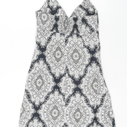 H&M Womens Blue Geometric Cotton A-Line Size 8 Halter Zip