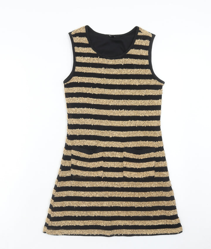 Monteau Womens Brown Striped Polyester A-Line Size S Scoop Neck Pullover