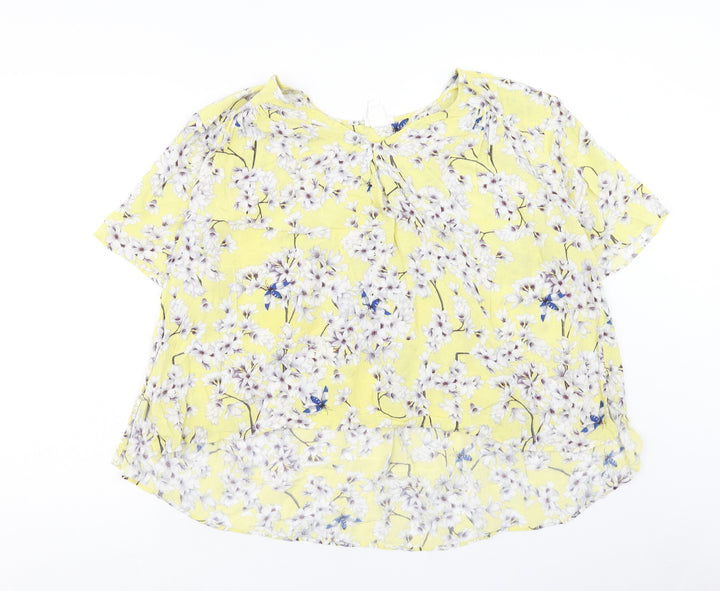 H&M Womens Yellow Geometric Viscose Cropped T-Shirt Size 10 Round Neck