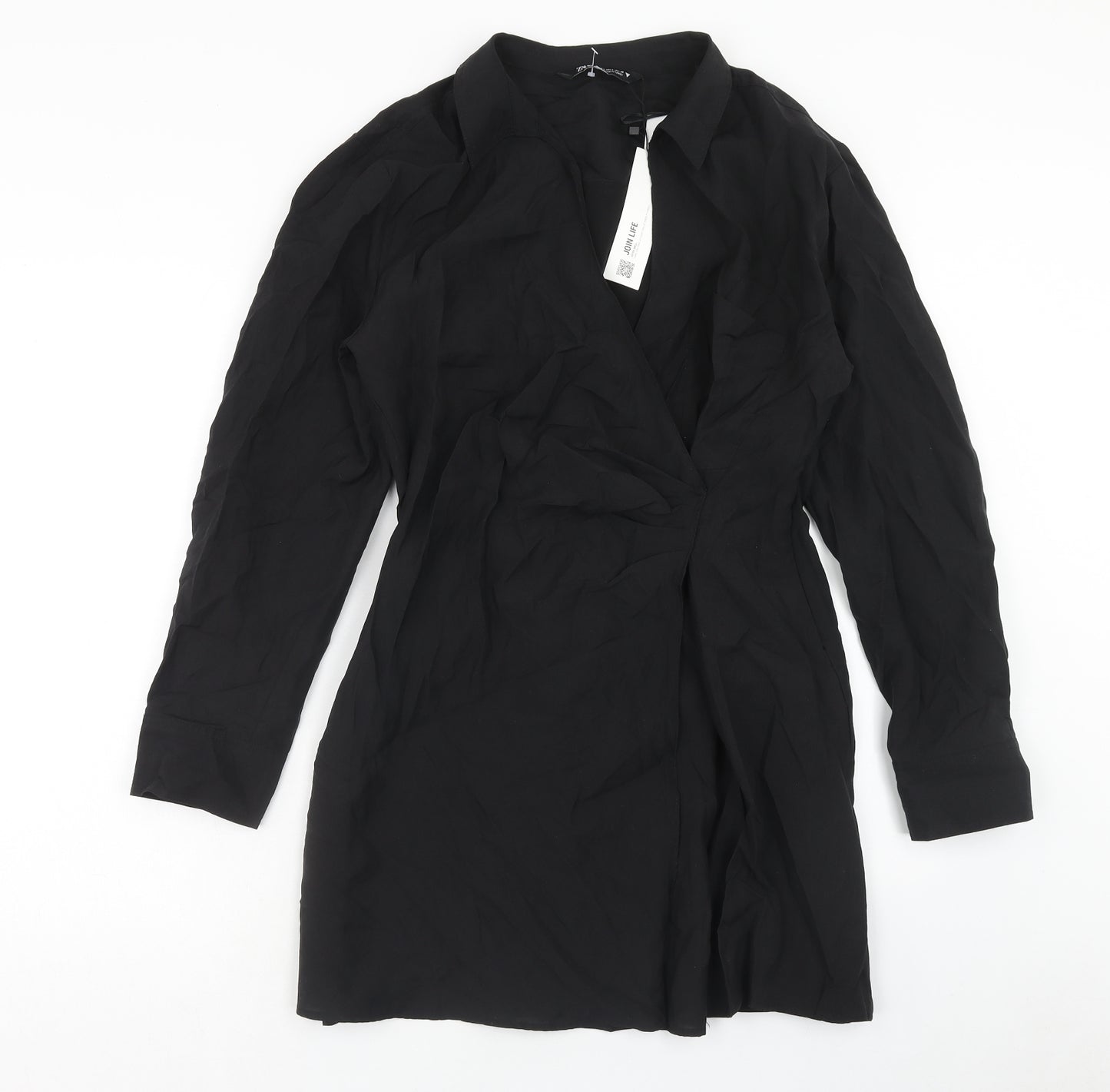 Zara Womens Black Polyester Shirt Dress Size L Collared Zip
